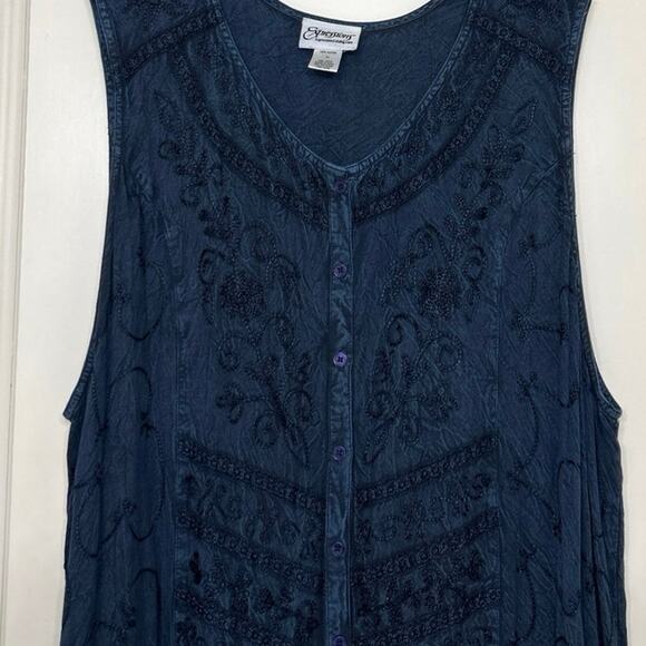 Vintage Expressions Blue Embroidered Rayon Maxi Dress Duster 3X Boho Festival - Picture 3 of 10